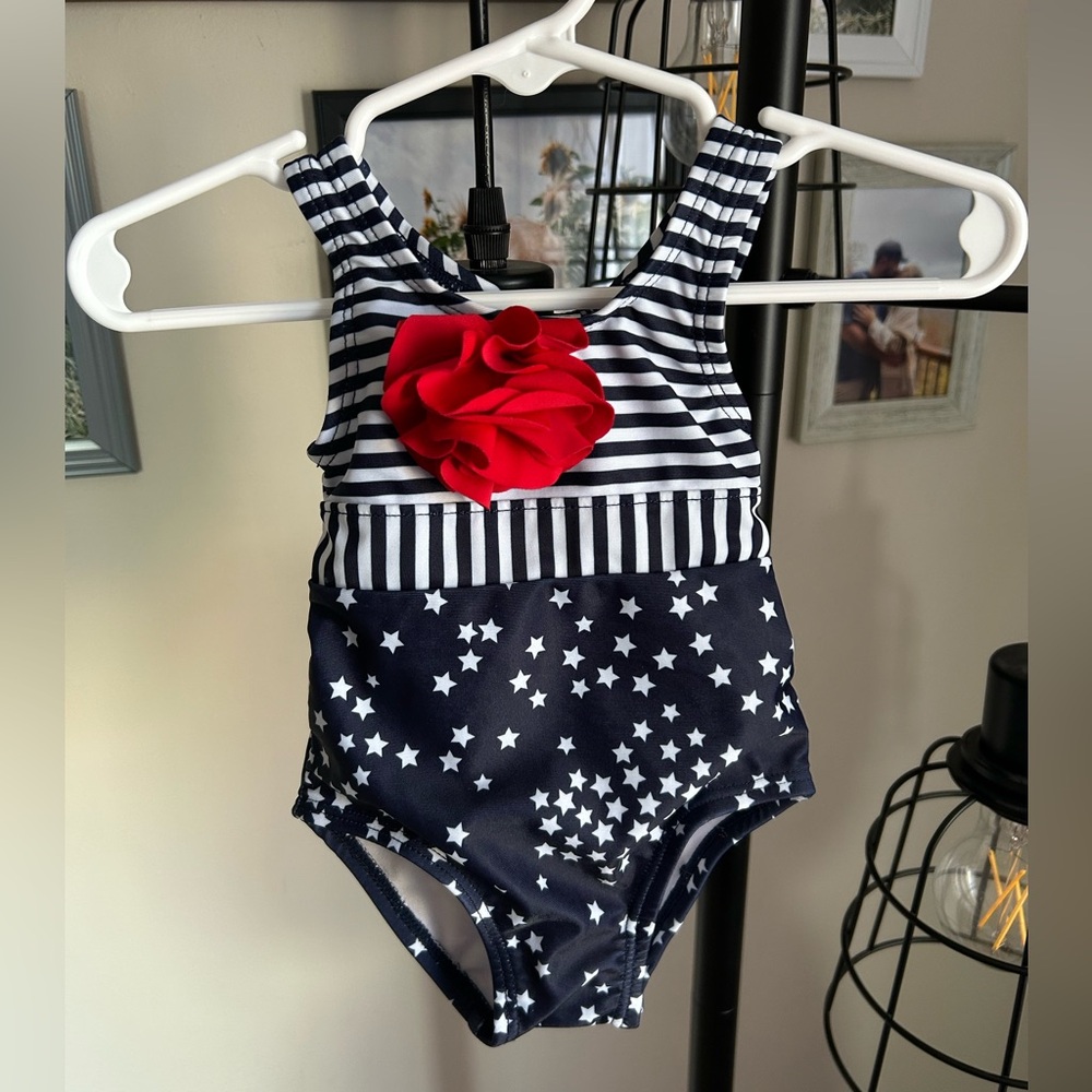 Baby Stars and Stripes Patriotic One Piece Swimsuit, Rose Detail